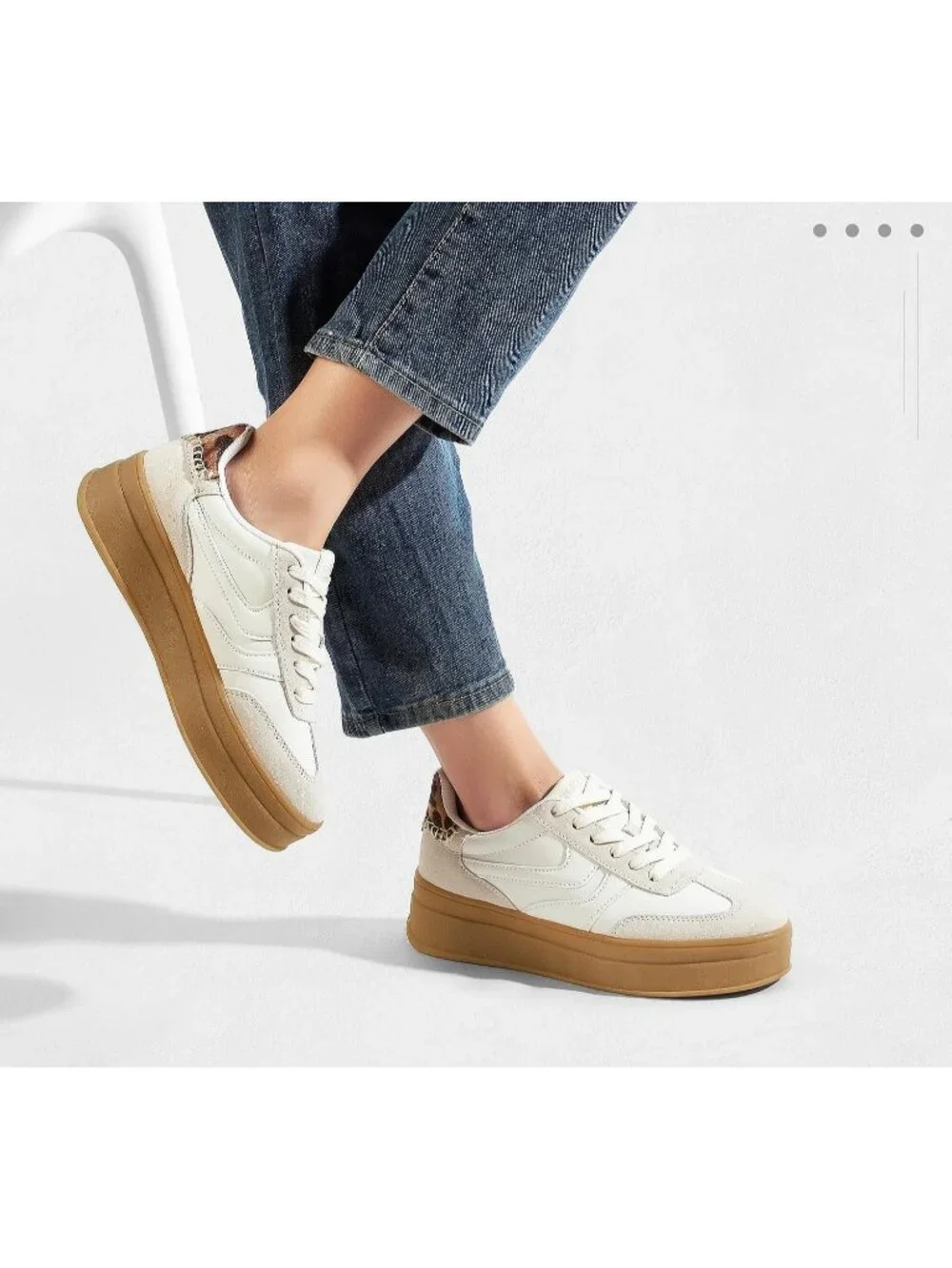 Women's Beige Platform Thick Gum Sole Comfortable Tennis Skate Walking Sneakers